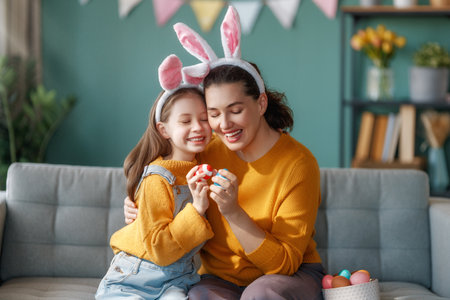 Happy holiday! Mother and her daughter with painting eggs. Family celebrating Easter. Cute little child girl is wearing bunny ears.の写真素材