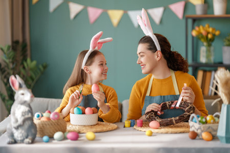 Mother and her daughter painting eggs. Happy family preparing for Easter. Cute little child girl wearing bunny ears.の写真素材