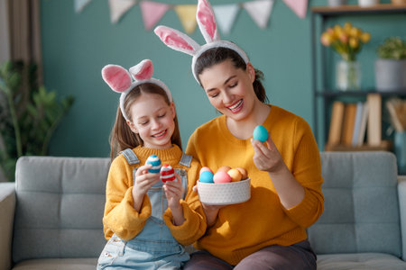 Happy holiday! Mother and her daughter with painting eggs. Family celebrating Easter. Cute little child girl is wearing bunny ears.の写真素材