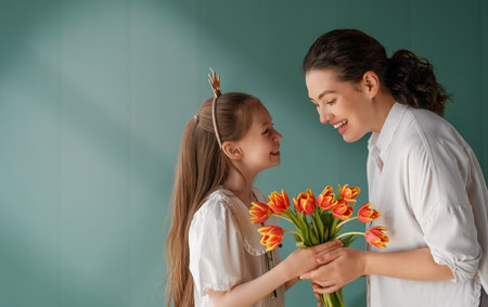 Happy mother's day! Child daughter is congratulating mom and giving her flowers tulips. Mom and girl smiling on green background. Family holiday and togethernesの写真素材