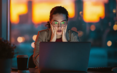 Young businesswoman working on laptop near window in the evening.の写真素材