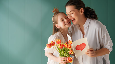 Happy mother's day! Child daughter is congratulating mom and giving her flowers tulips. Mom and girl smiling on green background. Family holiday and togethernesの写真素材