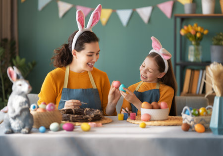 Mother and her daughter painting eggs. Happy family preparing for Easter. Cute little child girl wearing bunny ears.の写真素材