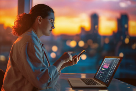 Young businesswoman working on laptop near window in the evening.の写真素材