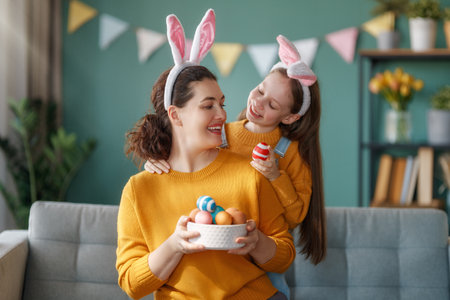 Happy holiday! Mother and her daughter with painting eggs. Family celebrating Easter. Cute little child girl is wearing bunny ears.の写真素材