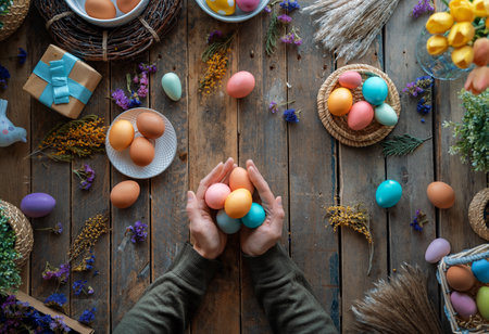 Easter holiday background. Colorful eggs and flowers on wooden table. Top viewの写真素材