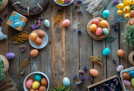 Easter holiday background. Colorful eggs and flowers on wooden table. Top viewの写真素材