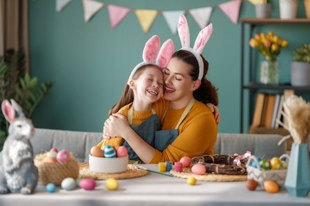 Mother and her daughter painting eggs. Happy family preparing for Easter. Cute little child girl wearing bunny ears.の写真素材