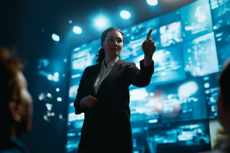 A woman is speaking on stage about the future of AI technologies.の写真素材