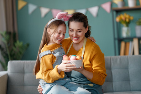 Happy holiday! Mother and her daughter with painting eggs. Family celebrating Easter. Cute little child girl is wearing bunny ears.の写真素材