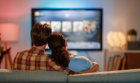 Happy family watching TV, movies in the evening at home. Couple spending time together.の写真素材
