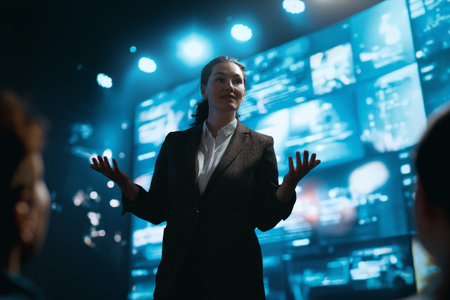 A woman is speaking on stage about the future of AI technologies.の写真素材
