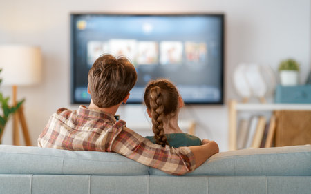Happy family spending time together. Father and child watching  TV, movies with popcorn in the evening at home.の写真素材