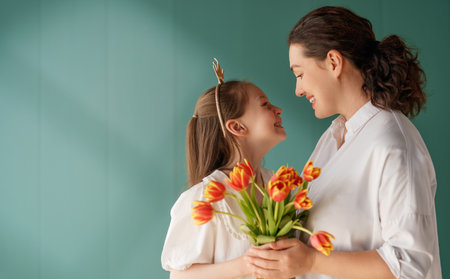 Child daughter is congratulating mom and giving her flowers tulips. Mom and girl smiling on green background. Family holiday and togethernessの写真素材