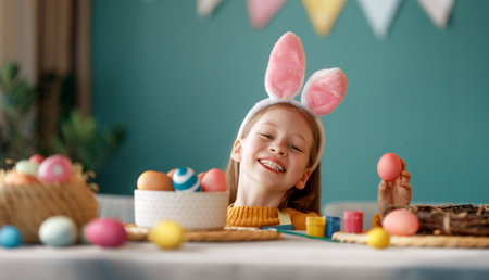 Beautiful child with painting eggs. Happy family preparing for Easter. Cute little girl is wearing bunny ears.の写真素材