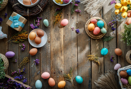 Easter holiday background. Colorful eggs and flowers on wooden table. Top viewの写真素材