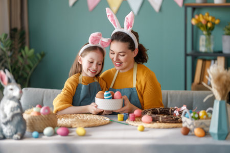 Mother and her daughter painting eggs. Happy family preparing for Easter. Cute little child girl wearing bunny ears.の写真素材