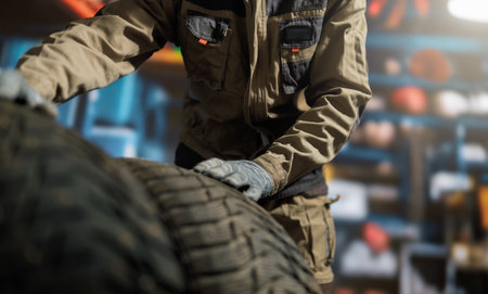 Hands of mechanic changing a wheel of a carの写真素材
