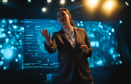 A woman is speaking on stage about the future of AI technologies.の写真素材