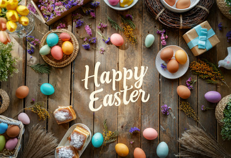 Easter holiday background. Colorful eggs and flowers on wooden table. Top viewの写真素材