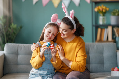 Happy holiday! Mother and her daughter with painting eggs. Family celebrating Easter. Cute little child girl is wearing bunny ears.の写真素材