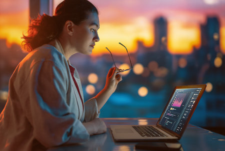 Young businesswoman working on laptop near window in the evening.の写真素材