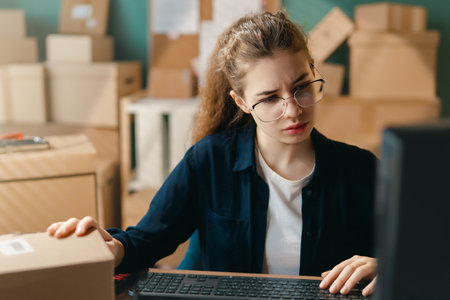 Female inventory manager checking stock. Woman working in a warehouse.の写真素材