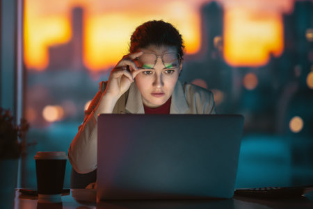 Young businesswoman working on laptop near window in the evening.の写真素材