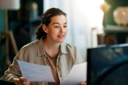 Happy casual woman working at home.の写真素材