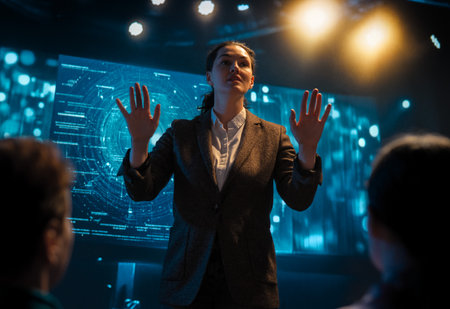 A woman is speaking on stage about the future and technologies.の写真素材