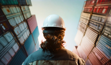 Female industrial engineer in white hard hat is working in container terminal.