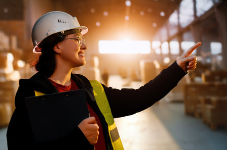 Young woman in white hard hat is working in warehouseの写真素材