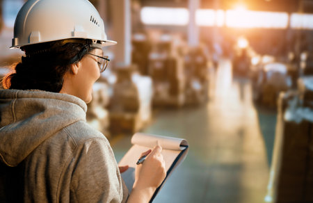 Young woman in white hard hat is working in warehouseの写真素材