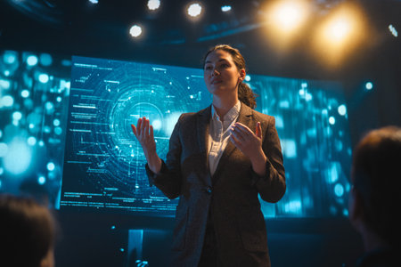 A woman is speaking on stage about the future and technologies.の写真素材