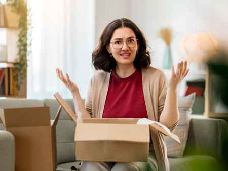 Woman is unpacking cardboard. Concept of frustrated online shopping.