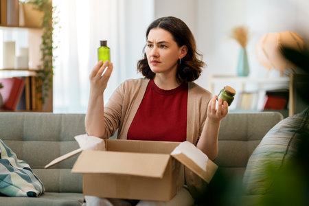 Woman is unpacking cardboard. Concept of frustrated online shopping.の写真素材