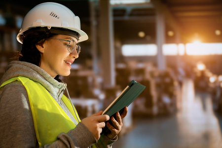 Young woman in white hard hat is working in warehouseの写真素材