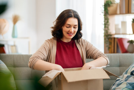 Woman is unpacking cardboard. Concept of online shopping.の写真素材