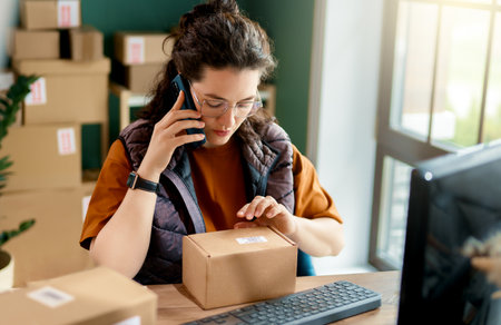 Female inventory manager checking stock. Woman working in a warehouse.の写真素材