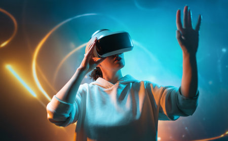 Metaverse technology concept. Woman with VR virtual reality goggles. Futuristic lifestyle.