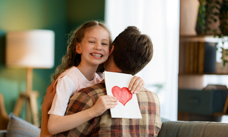 Child daughter is congratulating her father and giving him postcard. Dad and girl are smiling and hugging. Family holiday and togetherness.の写真素材
