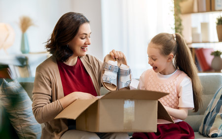 Mother and daughter are unpacking cardboard. Concept of online shopping.の写真素材