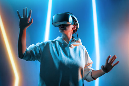 Metaverse technology concept. Woman with VR virtual reality goggles. Futuristic lifestyle.