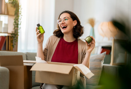 Woman is unpacking cardboard. Concept of online shopping.