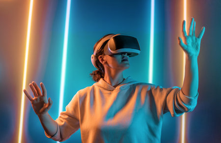 Metaverse technology concept. Woman with VR virtual reality goggles. Futuristic lifestyle.