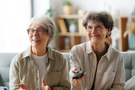 Senior women watching TV, movies. Retirees spending time at home.の写真素材