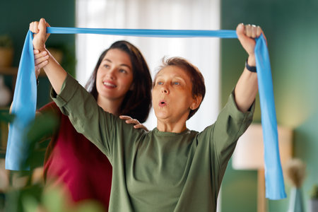 Senior woman doing exercise. A nurse helping with physical therapy at homeの写真素材