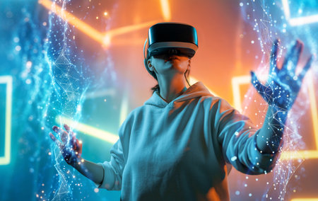 Metaverse technology concept. Woman with VR virtual reality goggles. Futuristic lifestyle.