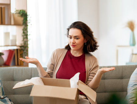 Woman is unpacking cardboard. Concept of frustrated online shopping.の写真素材