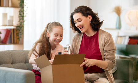 Mother and daughter are unpacking cardboard. Concept of online shopping.の写真素材